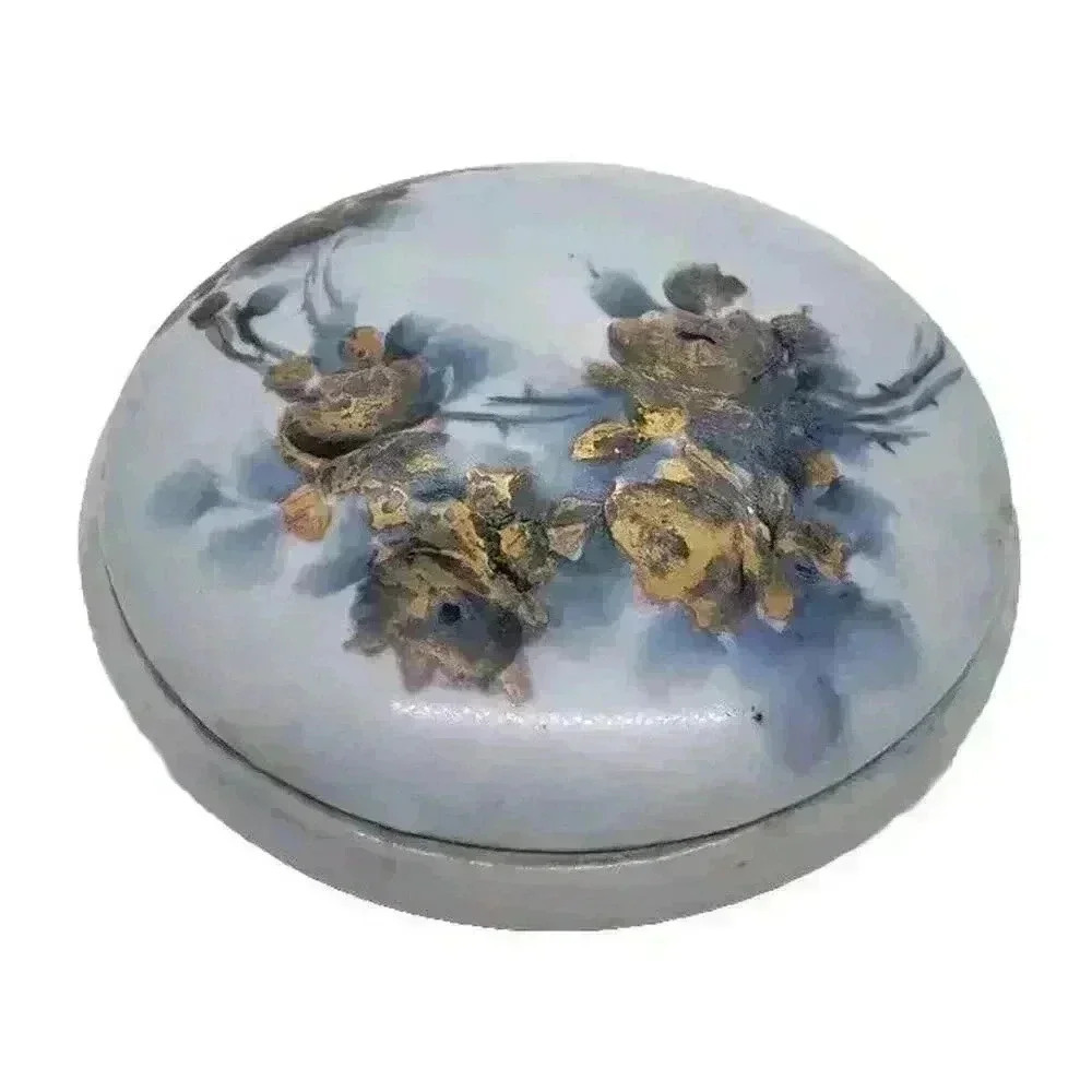 Vintage Vanity Jewelry Trinket Pot Dish Hand Painted Roses Blue Gold